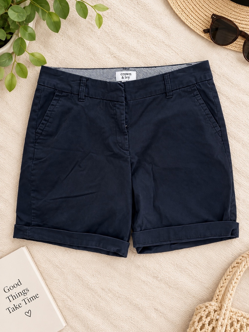 Crown & Ivy Women’s Size 6 Navy Blue Chino Shorts Caroline Cuffed Hem